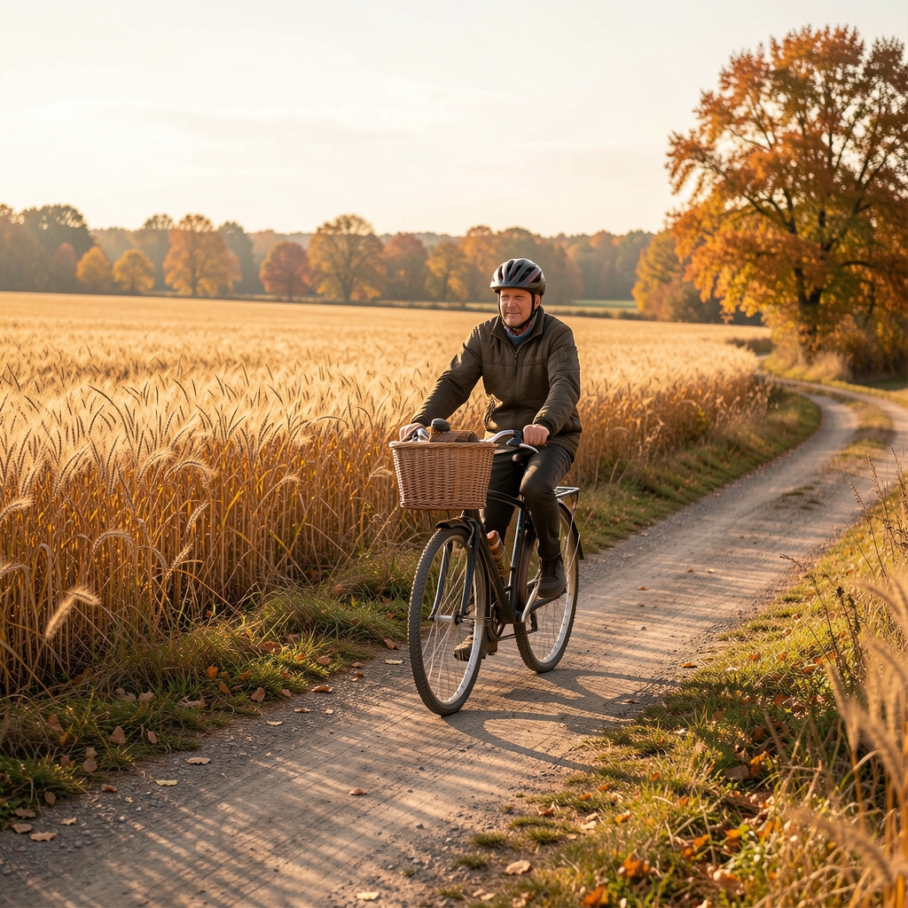 Par vozi bicikle po seoskom putu kroz žitno polje u zlatnom jesenjem svetlu, mirna ruralna atmosfera