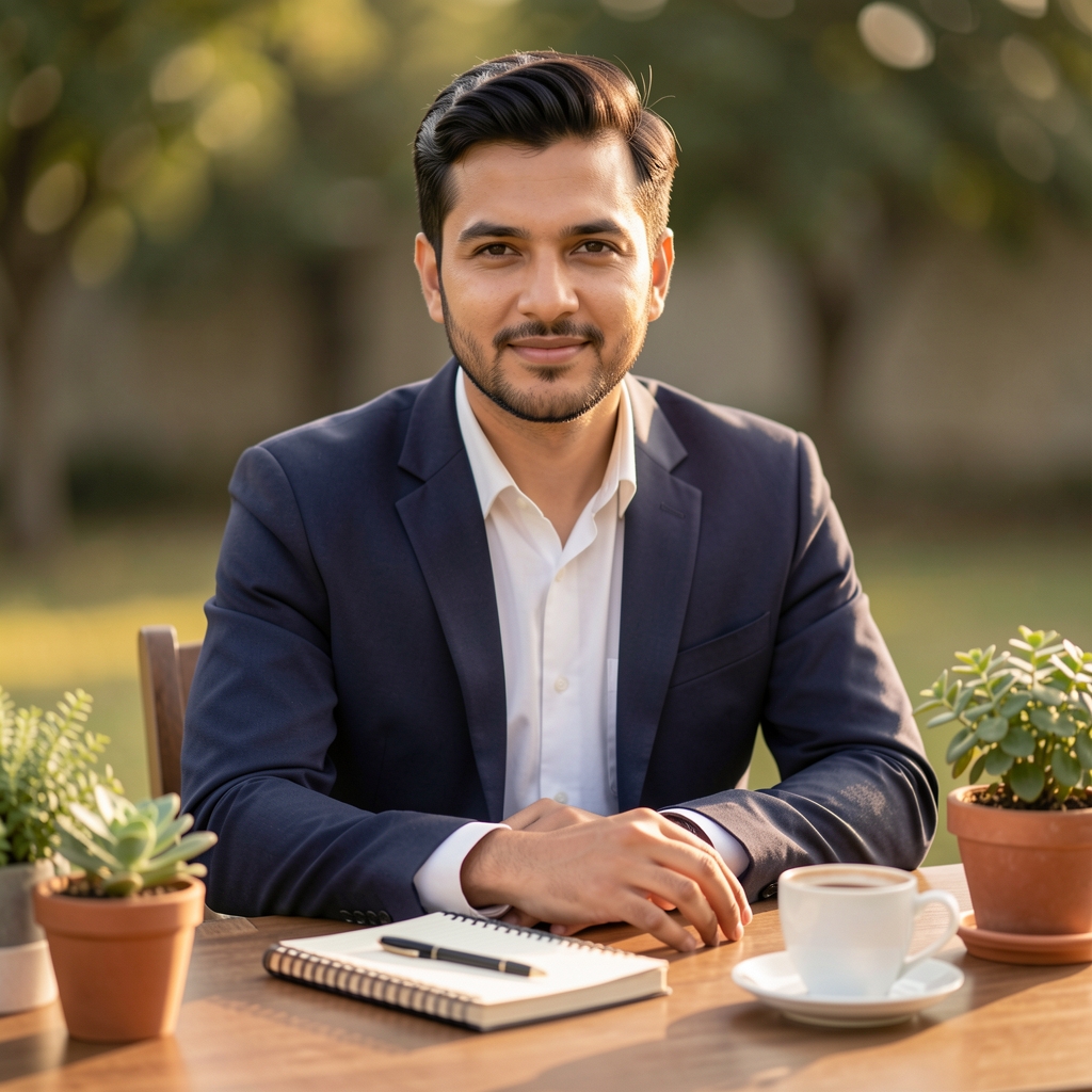 Ugodan kancelarijski sto sa biljkama, notesom i šoljicom kafe, toplo prirodno svetlo, mirna radna atmosfera