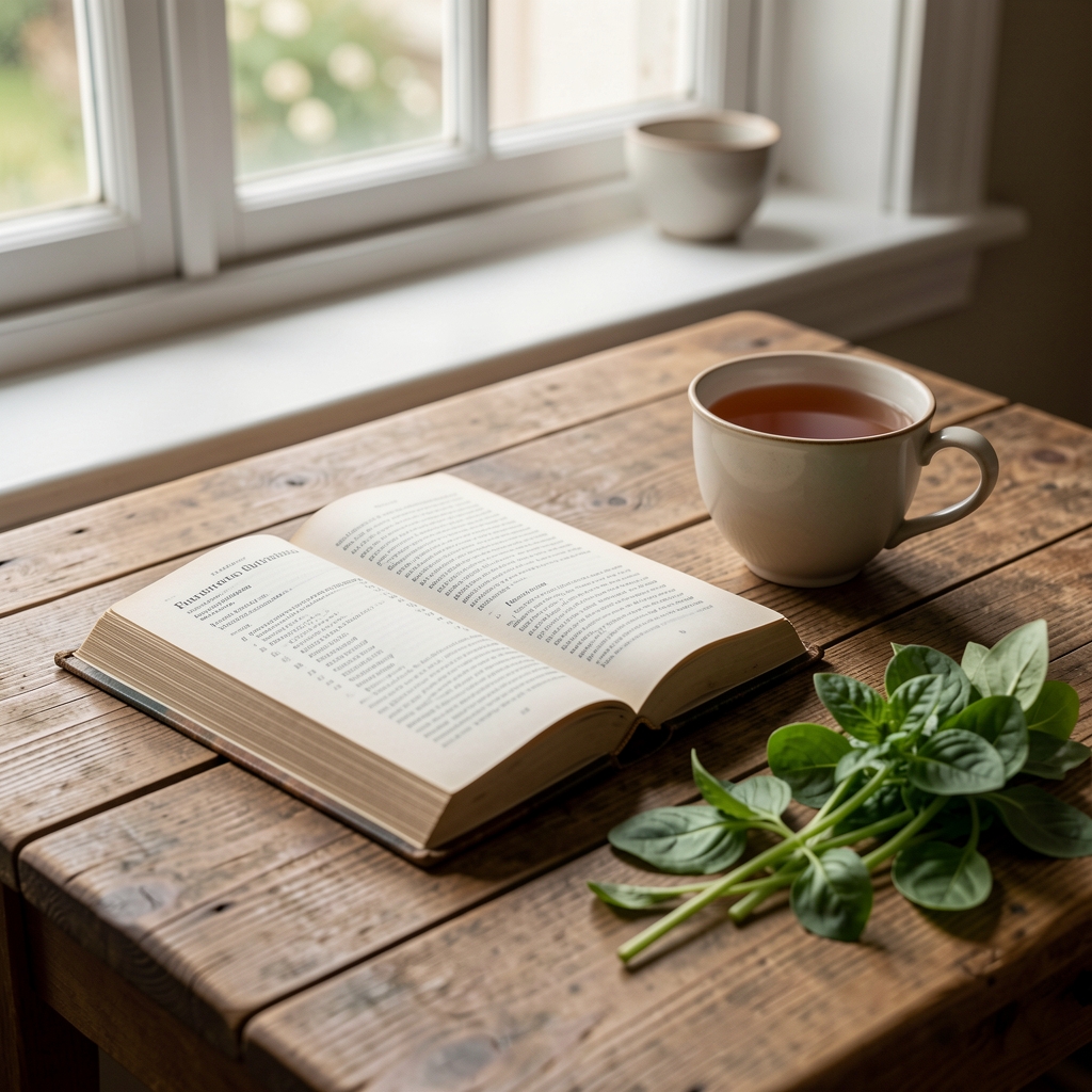 Otvorena knjiga o nutritivnim vrednostima na drvenom stolu pored šoljice čaja i listova zelenila, meko prirodno osvetljenje iz prozora