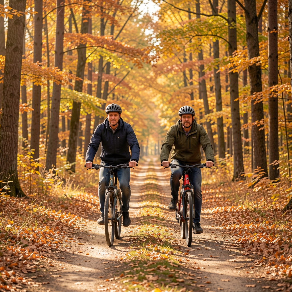 Dvoje odraslih ljude voze bicikle po šumskoj stazi okruženoj jesenskim drveće, prirodna ambijentalna svetlost