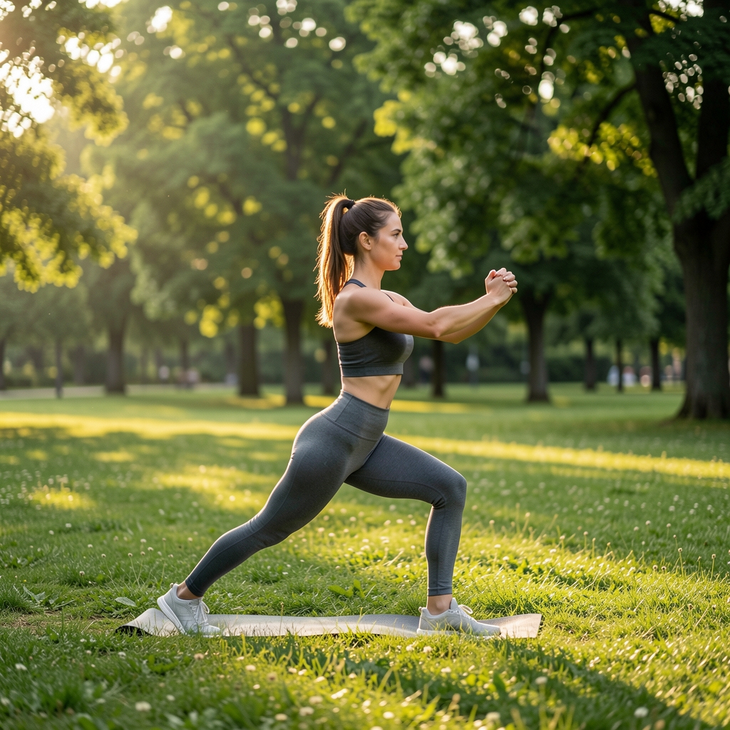 Žena radi jogu na travi u parku, poza ratnika, jutarnje svetlo i zelena pozadina drveća