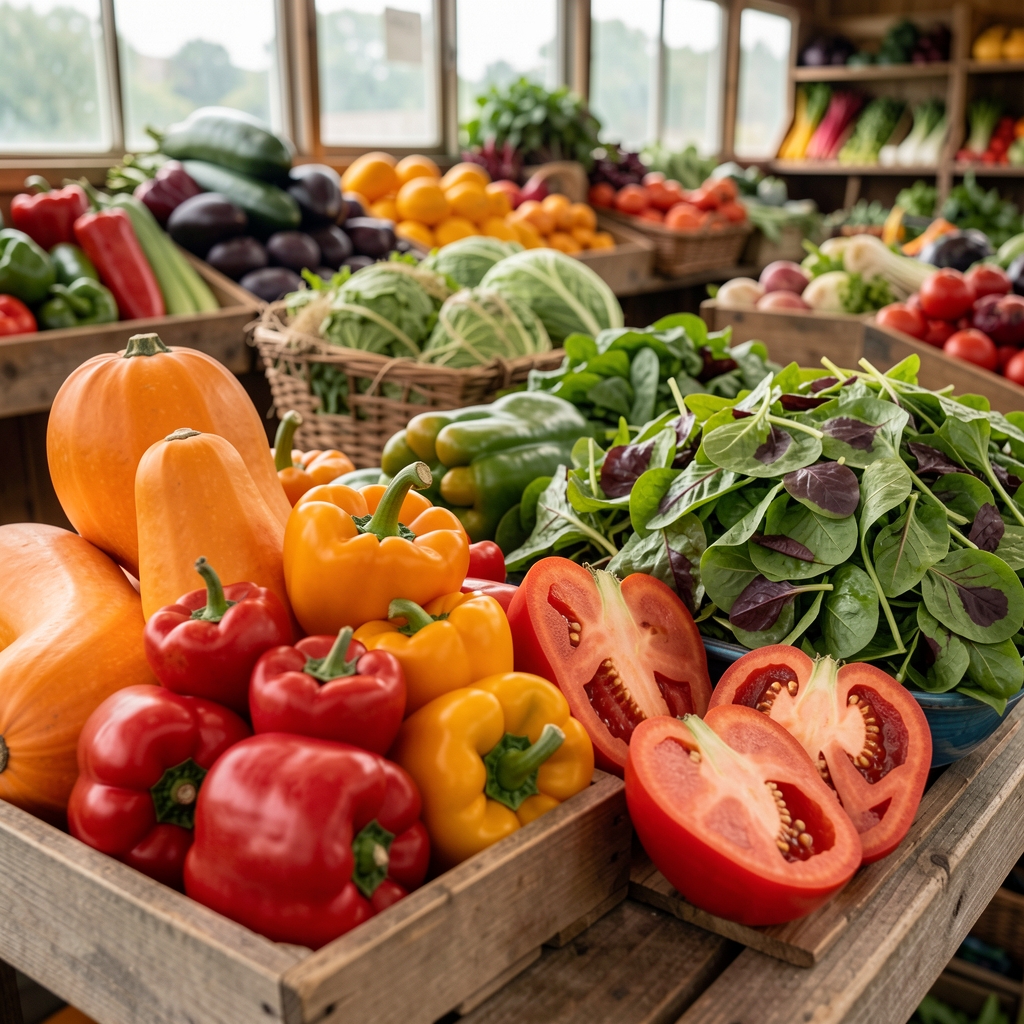 Raznovrstan izbor svežeg sezonskog povrća na farmerskoj tezgi: tikva, paprika, paradajz i zelena salata u letnjim bojama