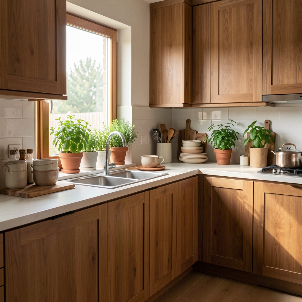 Mirna svetla kuhinja sa drvenim elementima, keramičkim posuđem i svežim biljem u saksijama na prozorskoj dasci